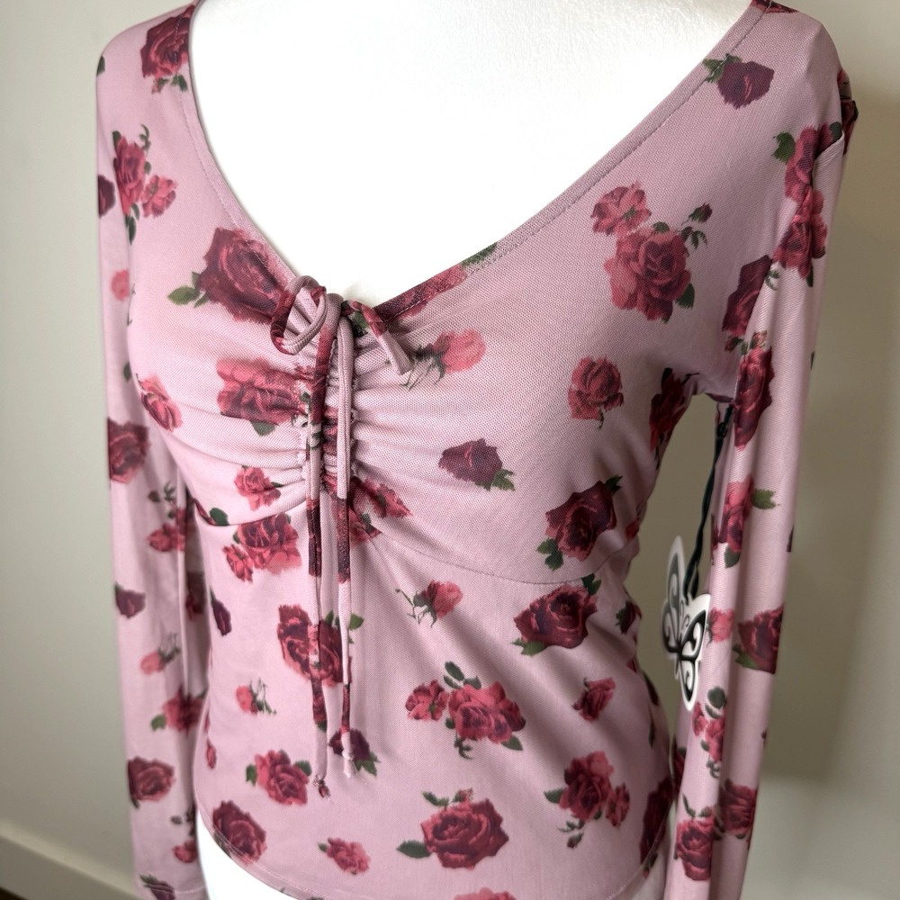 NEW Y2K Self Esteem Floral Mesh Babydoll Top Long Sleeve Cottage Fairy Grunge S